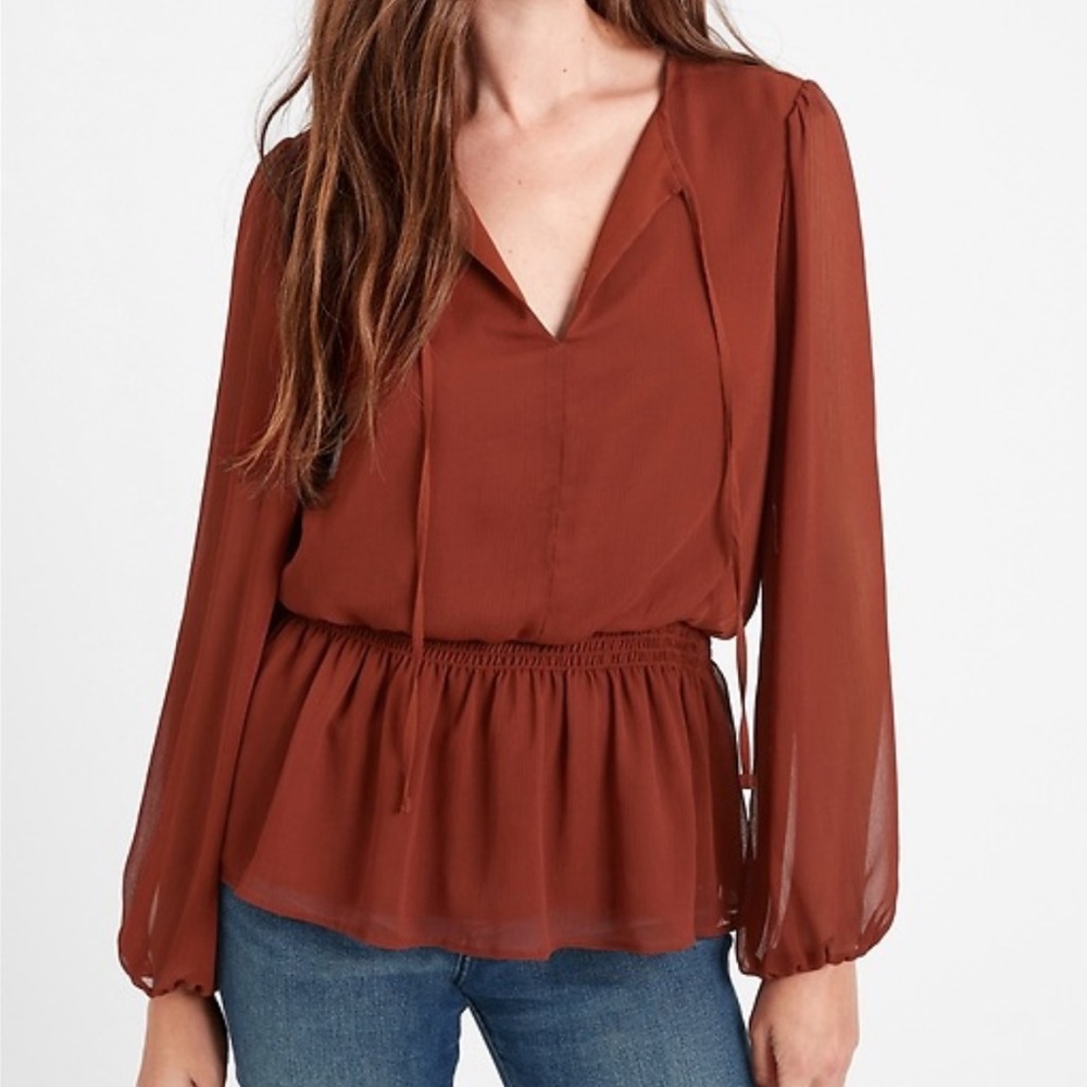 Banana Republic Smocked Peplum Top Burnt Caramel Brown Medium Tall Office Casual